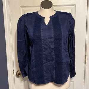Navy Blue Crochet Design Long Sleeve Shirt